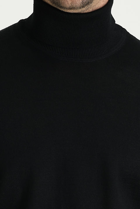 Siyah Balıkçı Yaka Regular Fit Yünlü Triko Kazak
