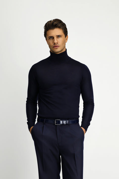 Koyu Lacivert Balıkçı Yaka Regular Fit Yünlü Triko Kazak