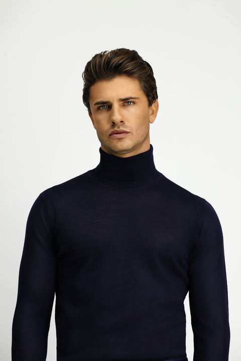 Koyu Lacivert Balıkçı Yaka Regular Fit Yünlü Triko Kazak