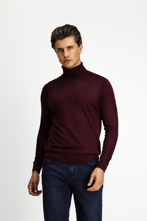Koyu Bordo Balıkçı Yaka Regular Fit Yünlü Triko Kazak