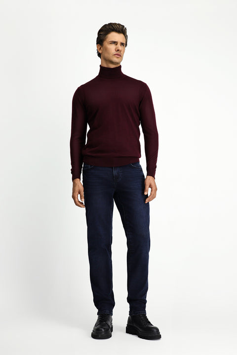 Koyu Bordo Balıkçı Yaka Regular Fit Yünlü Triko Kazak