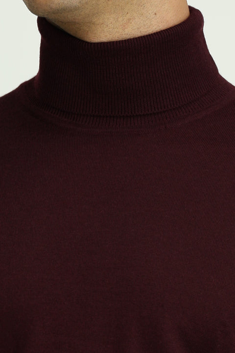 Koyu Bordo Balıkçı Yaka Regular Fit Yünlü Triko Kazak