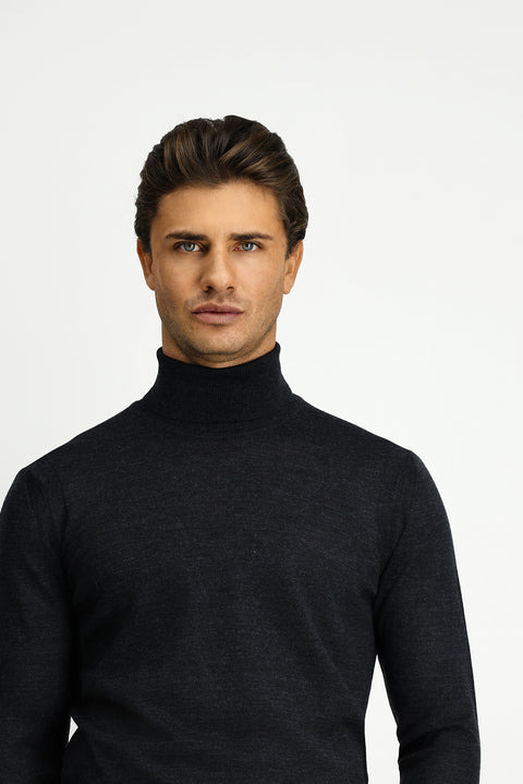 Orta Antrasit Balıkçı Yaka Regular Fit Yünlü Triko Kazak