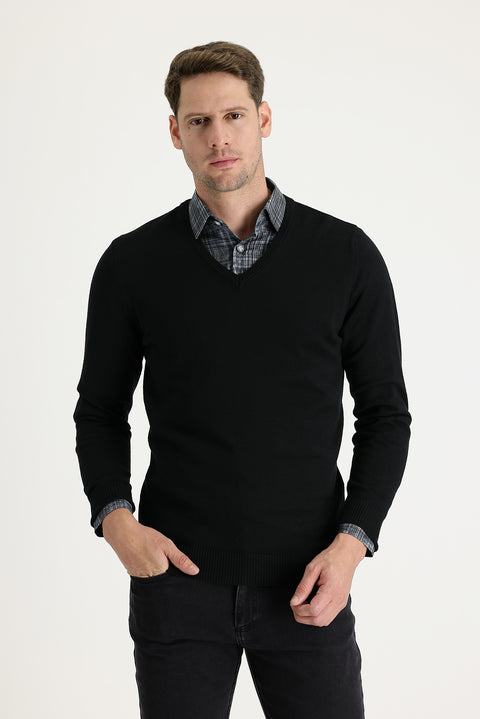 Siyah V Yaka Regular Fit Pamuklu Triko Kazak