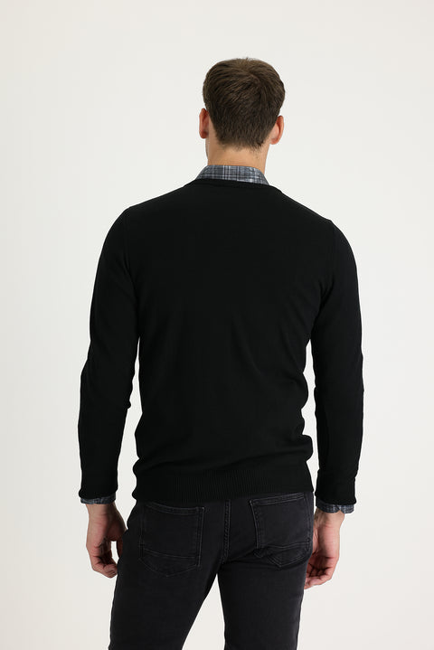 Siyah V Yaka Regular Fit Pamuklu Triko Kazak