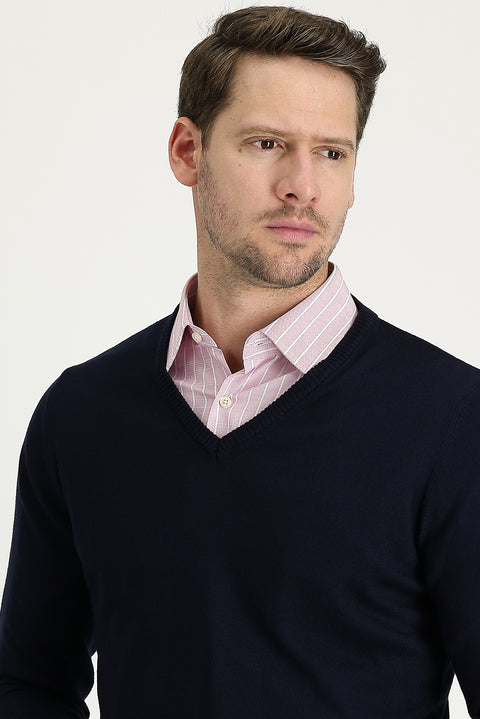 Koyu Lacivert V Yaka Regular Fit Pamuklu Triko Kazak