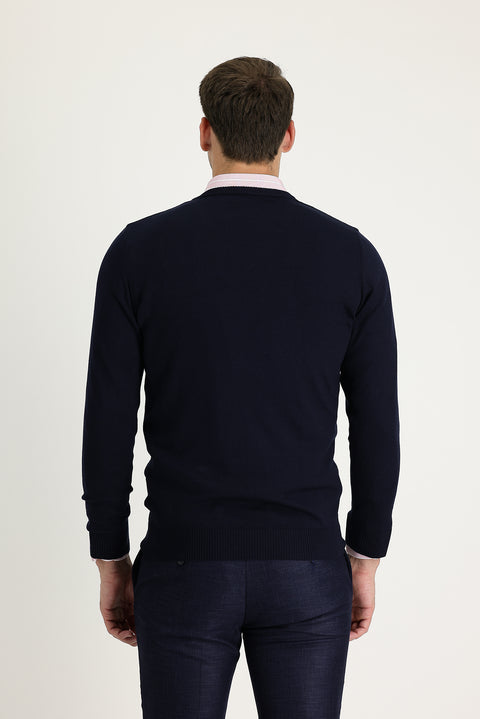 Dark Navy V-Neck Regular Fit Cotton Knit Sweater