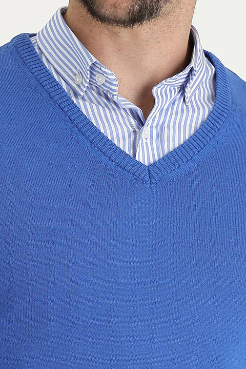 Koyu Mavi  V Yaka Regular Fit Pamuklu Triko Kazak