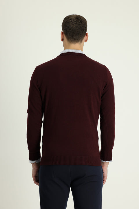 Koyu Bordo V Yaka Regular Fit Pamuklu Triko Kazak