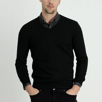 Siyah V Yaka Slim Fit Dar Kesim Pamuklu Triko Kazak