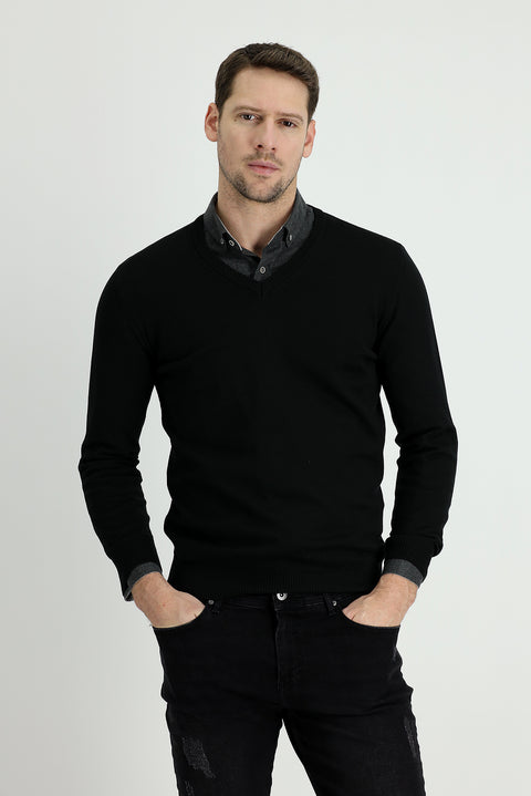Siyah V Yaka Slim Fit Dar Kesim Pamuklu Triko Kazak