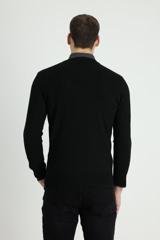  Siyah V Yaka Slim Fit Dar Kesim Pamuklu Triko Kazak