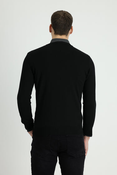 Siyah V Yaka Slim Fit Dar Kesim Pamuklu Triko Kazak