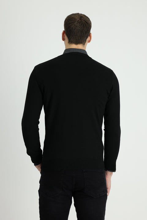 Siyah V Yaka Slim Fit Dar Kesim Pamuklu Triko Kazak