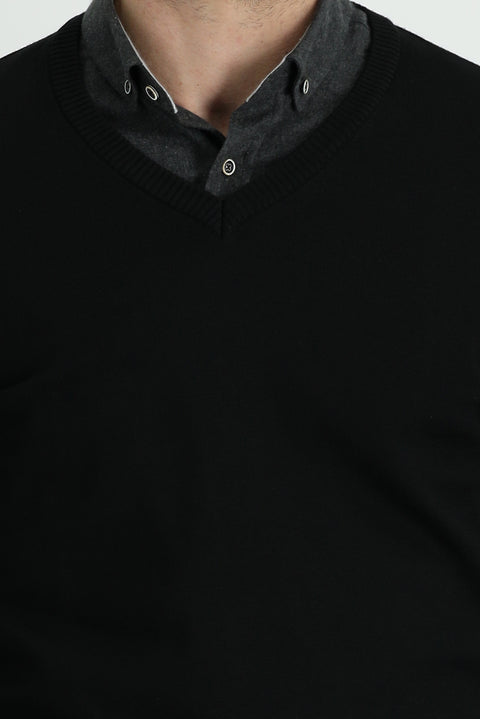 Black V-Neck Slim Fit Narrow Cut Cotton Knit Sweater