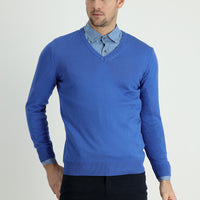 Koyu Mavi  V Yaka Slim Fit Dar Kesim Pamuklu Triko Kazak