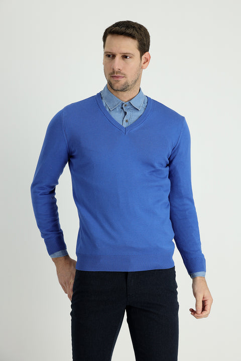 Koyu Mavi  V Yaka Slim Fit Dar Kesim Pamuklu Triko Kazak