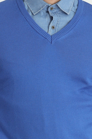  Koyu Mavi  V Yaka Slim Fit Dar Kesim Pamuklu Triko Kazak