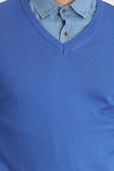 Koyu Mavi  V Yaka Slim Fit Dar Kesim Pamuklu Triko Kazak