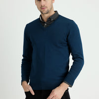 Orta Petrol V Yaka Slim Fit Dar Kesim Pamuklu Triko Kazak