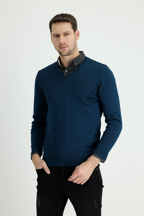 Orta Petrol V Yaka Slim Fit Dar Kesim Pamuklu Triko Kazak