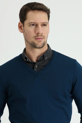  Orta Petrol V Yaka Slim Fit Dar Kesim Pamuklu Triko Kazak