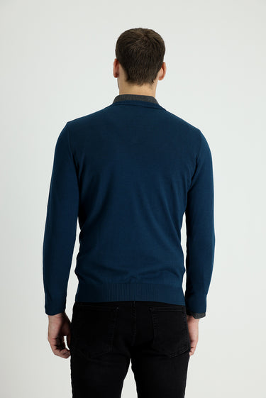 Orta Petrol V Yaka Slim Fit Dar Kesim Pamuklu Triko Kazak