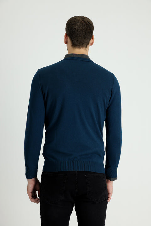 Orta Petrol V Yaka Slim Fit Dar Kesim Pamuklu Triko Kazak