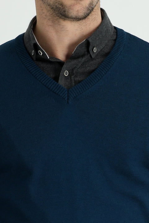 Orta Petrol V Yaka Slim Fit Dar Kesim Pamuklu Triko Kazak