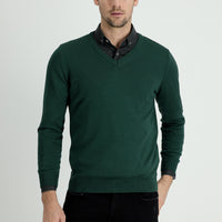 Orman Yeşili V Yaka Slim Fit Dar Kesim Pamuklu Triko Kazak