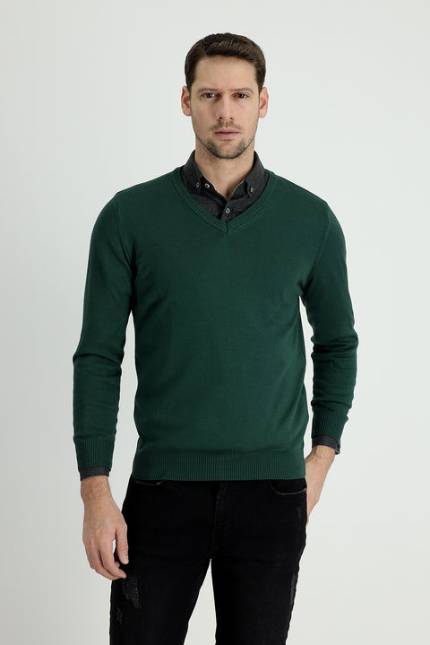 Orman Yeşili V Yaka Slim Fit Dar Kesim Pamuklu Triko Kazak