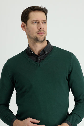  Orman Yeşili V Yaka Slim Fit Dar Kesim Pamuklu Triko Kazak