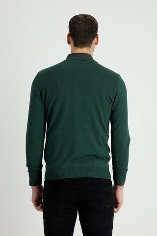  Orman Yeşili V Yaka Slim Fit Dar Kesim Pamuklu Triko Kazak