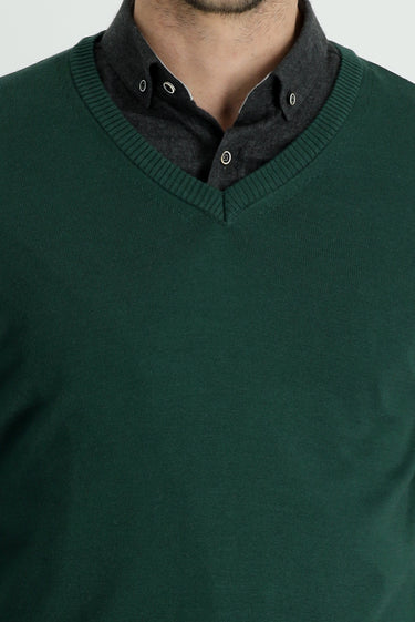Orman Yeşili V Yaka Slim Fit Dar Kesim Pamuklu Triko Kazak