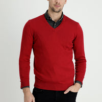 Koyu Kırmızı V Yaka Slim Fit Dar Kesim Pamuklu Triko Kazak