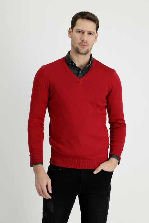Koyu Kırmızı V Yaka Slim Fit Dar Kesim Pamuklu Triko Kazak