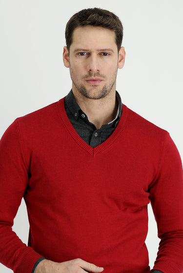  Koyu Kırmızı V Yaka Slim Fit Dar Kesim Pamuklu Triko Kazak