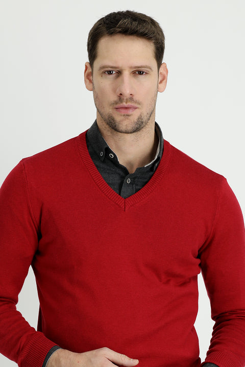 Koyu Kırmızı V Yaka Slim Fit Dar Kesim Pamuklu Triko Kazak