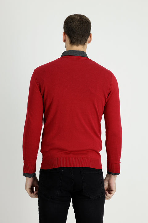 Koyu Kırmızı V Yaka Slim Fit Dar Kesim Pamuklu Triko Kazak