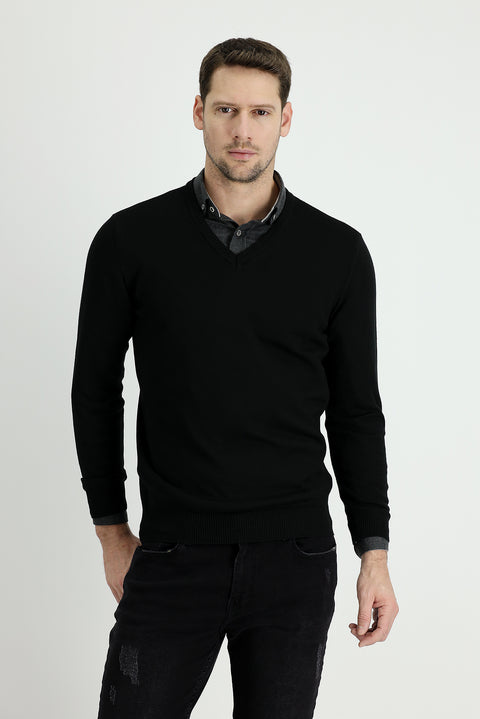 Siyah V Yaka Regular Fit Pamuklu Triko Kazak