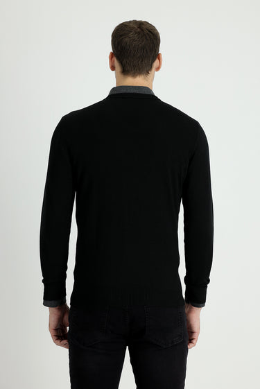 Siyah V Yaka Regular Fit Pamuklu Triko Kazak