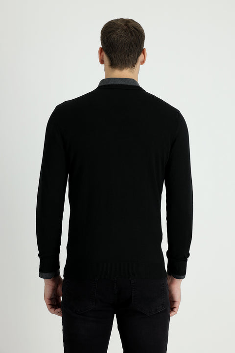 Siyah V Yaka Regular Fit Pamuklu Triko Kazak
