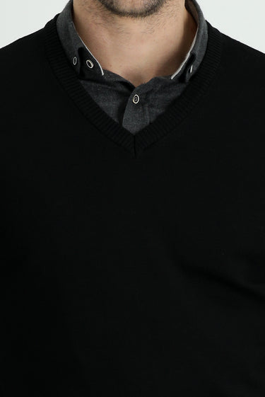 Siyah V Yaka Regular Fit Pamuklu Triko Kazak