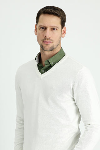  Ekru V Yaka Regular Fit Pamuklu Triko Kazak