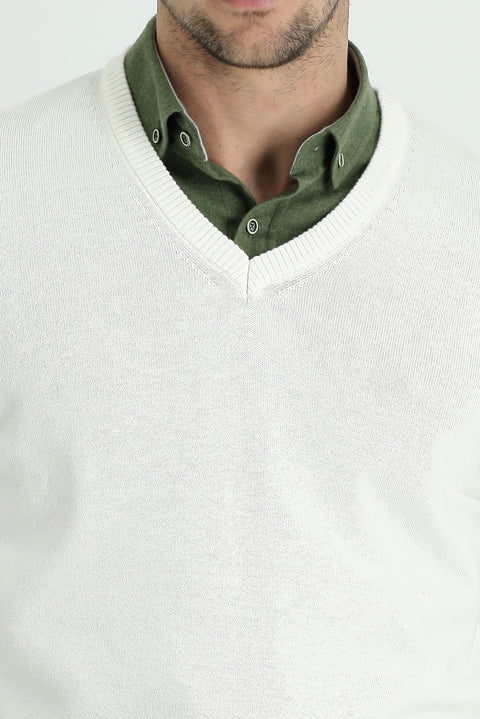 Ekru V Yaka Regular Fit Pamuklu Triko Kazak
