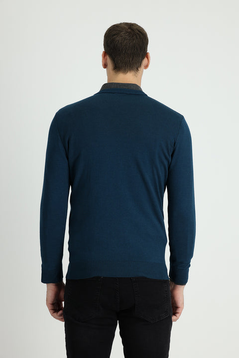 Orta Petrol V Yaka Regular Fit Pamuklu Triko Kazak