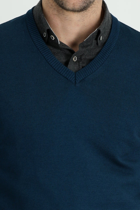 Orta Petrol V Yaka Regular Fit Pamuklu Triko Kazak