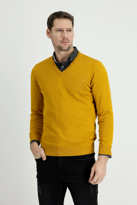 Hardal V Yaka Regular Fit Pamuklu Triko Kazak