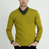 Yağ Yeşili-Olive V Yaka Regular Fit Pamuklu Triko Kazak
