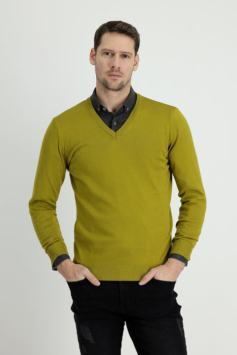 Yağ Yeşili-Olive V Yaka Regular Fit Pamuklu Triko Kazak